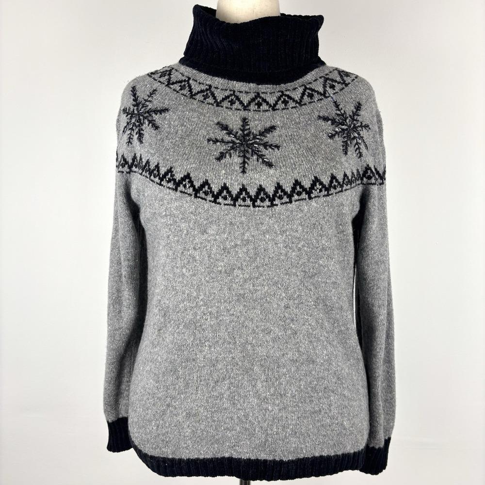 Christmas Sweater Women's L Gray Black Knit Turtleneck Nordic Snowflakes Sequins